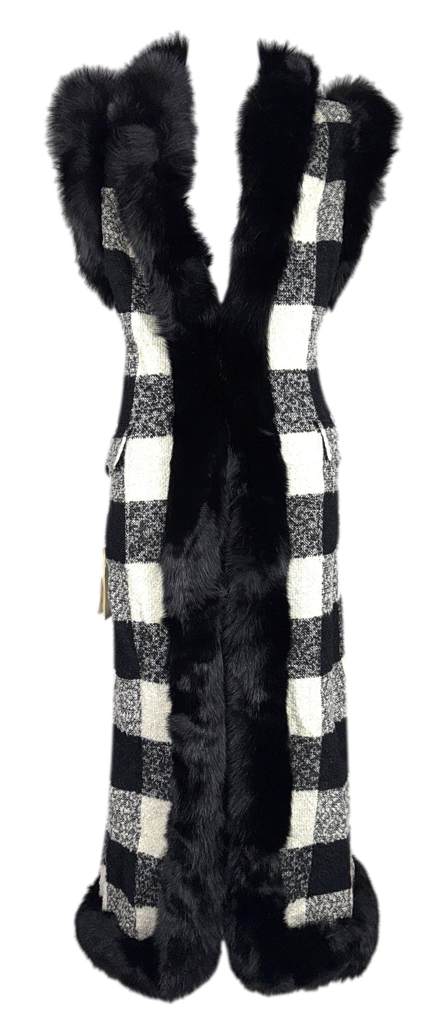 NWT F/W 2001 Valentino Runway Black & White Runway Plaid Fox Fur Long Vest Coat