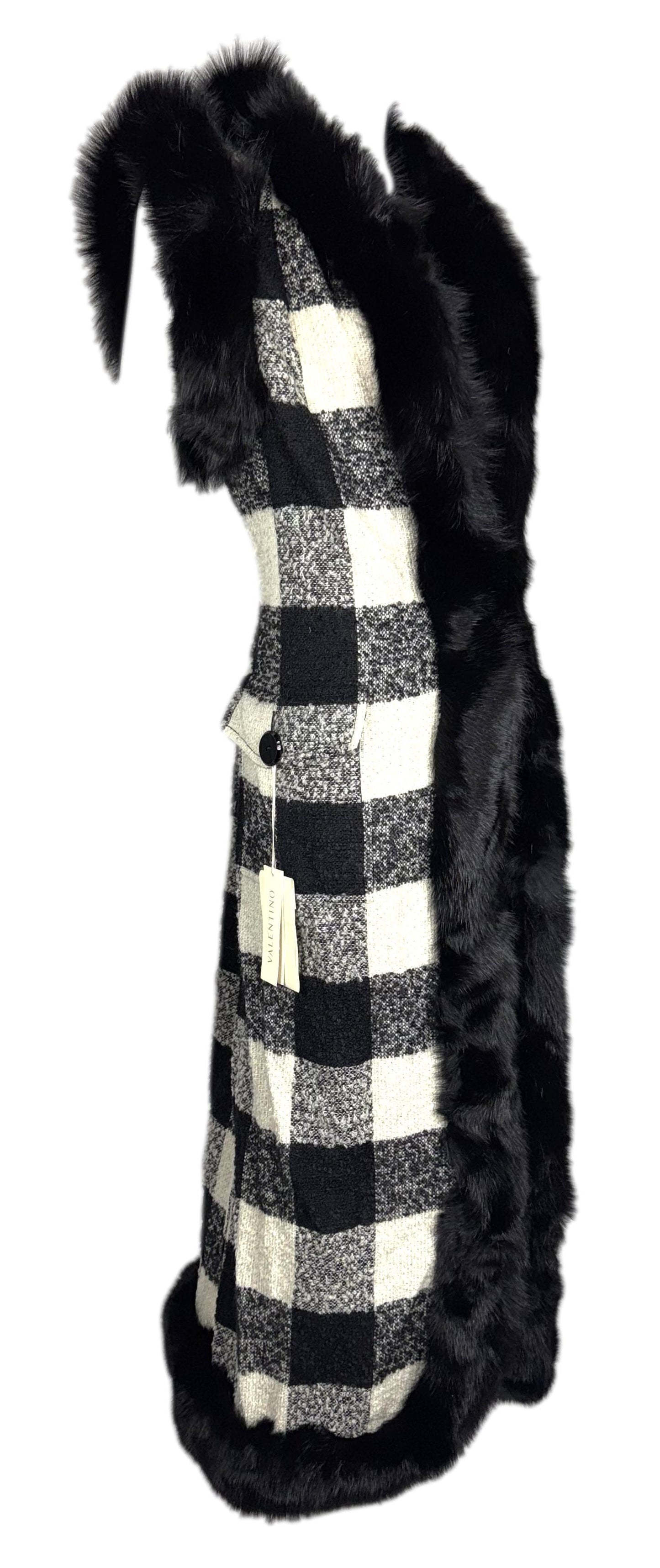 NWT F/W 2001 Valentino Runway Black & White Runway Plaid Fox Fur Long Vest Coat