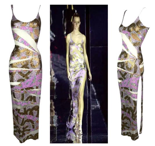 S/S 2001 Julien Macdonald Runway Sheer Mesh Purple Gold High Slit Maxi Dress