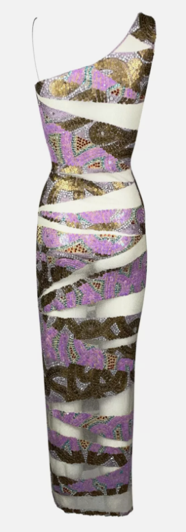 S/S 2001 Julien Macdonald Runway Sheer Mesh Purple Gold High Slit Maxi Dress