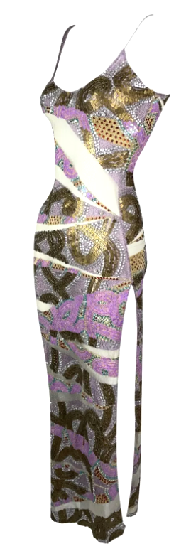 S/S 2001 Julien Macdonald Runway Sheer Mesh Purple Gold High Slit Maxi Dress