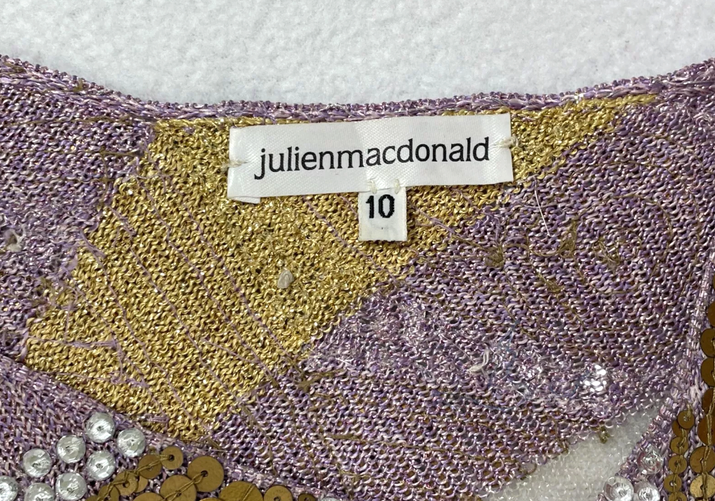 S/S 2001 Julien Macdonald Runway Sheer Mesh Purple Gold High Slit Maxi Dress