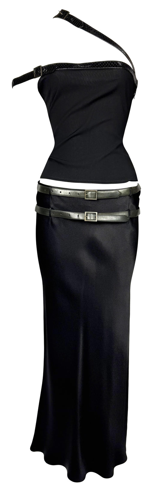 S/S 2001 Christian Dior by John Galliano Black Satin Crop Top & Maxi Skirt Set w Snakeskin Straps