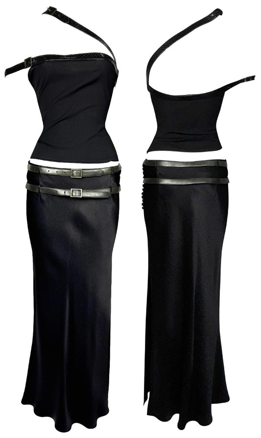 S/S 2001 Christian Dior by John Galliano Black Satin Crop Top & Maxi Skirt Set w Snakeskin Straps