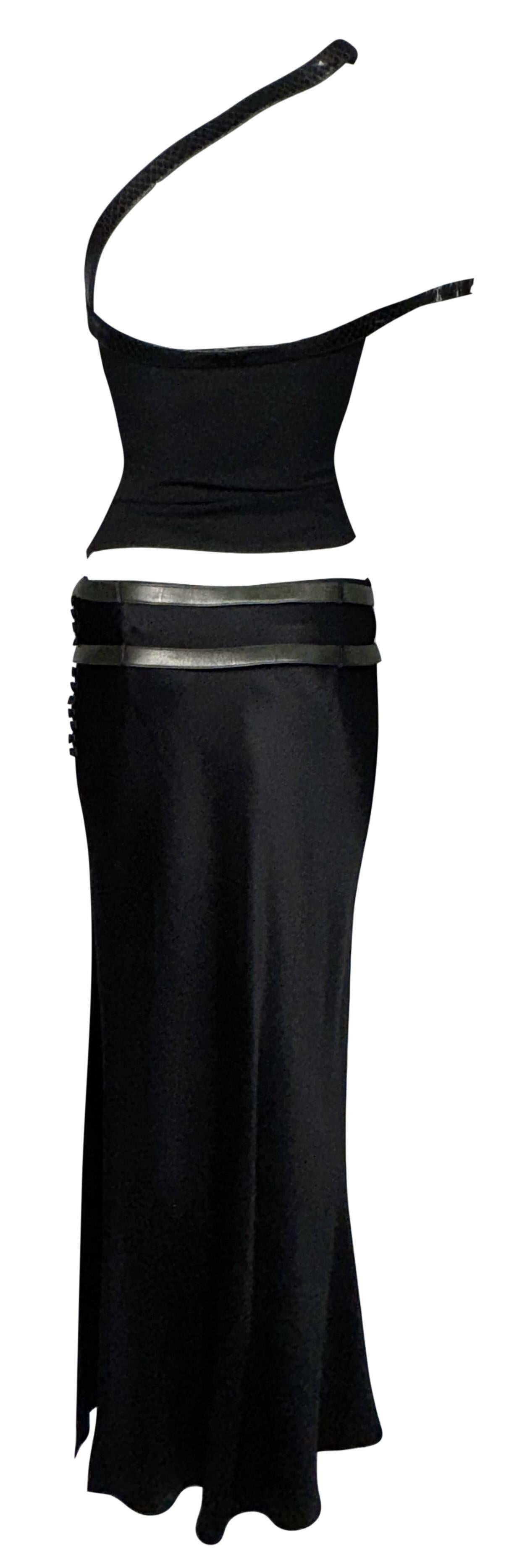 S/S 2001 Christian Dior by John Galliano Black Satin Crop Top & Maxi Skirt Set w Snakeskin Straps