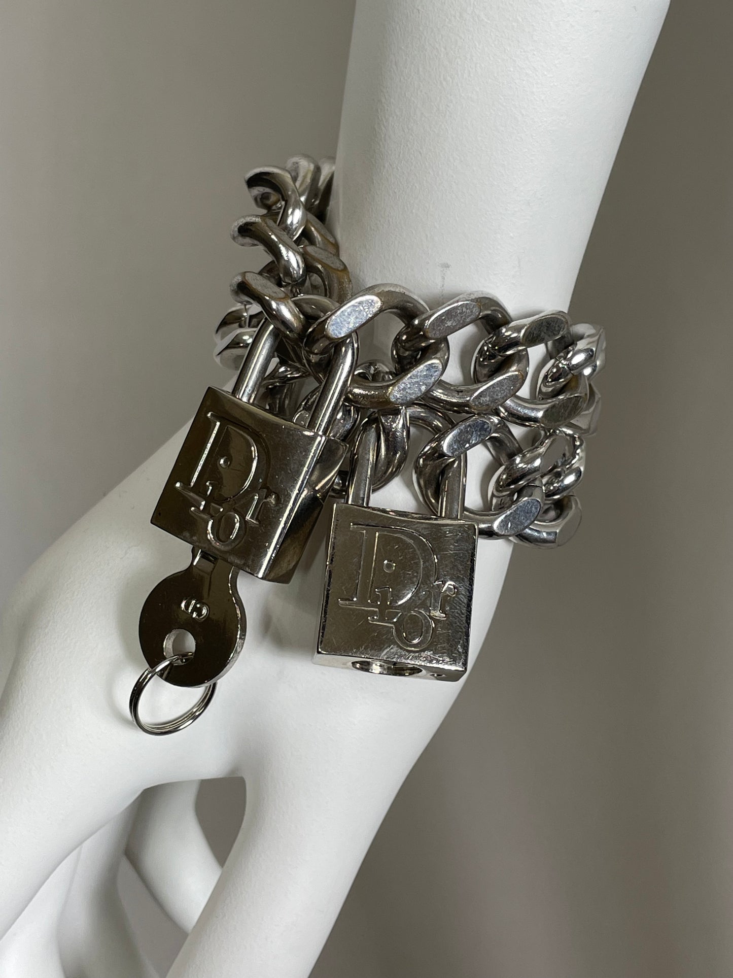 S/S 2001 Christian Dior by John Galliano Haute Couture Runway Silver Logo Locks Chunky Chain Choker Necklace & Bracelets