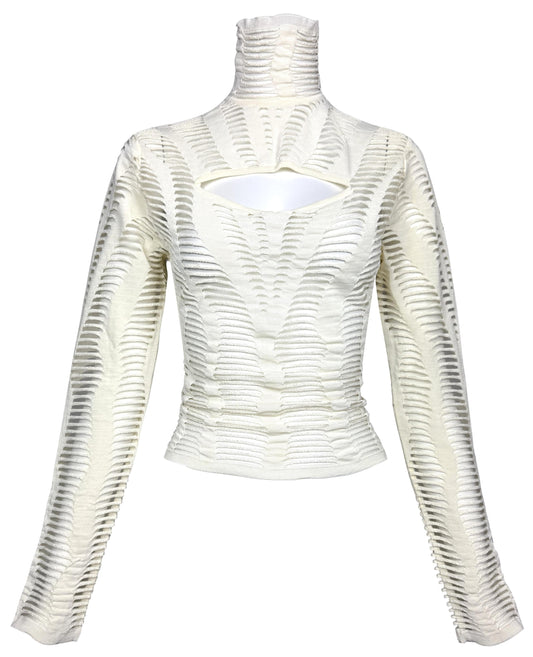 S/S 2001 Christian Dior x John Galliano Ivory Knit Slashed Sheer L/S Turtleneck Top