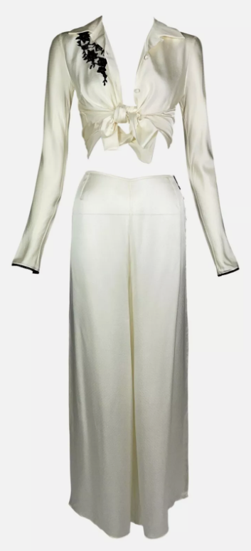 S/S 2001 Christian Dior by John Galliano Ivory Silk Black Lace Blouse Top & Wide Leg High Waist Pants Set