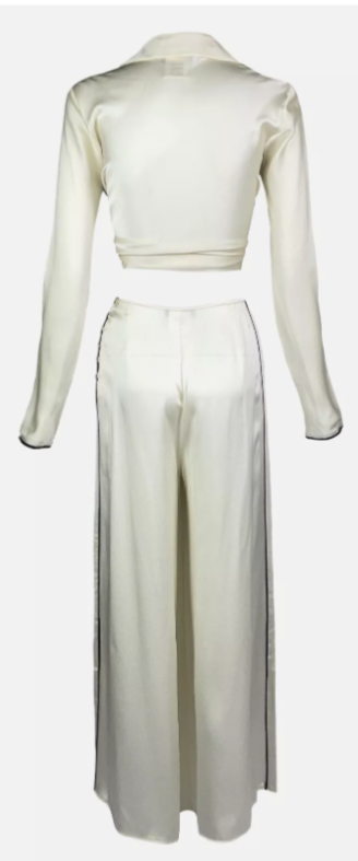 S/S 2001 Christian Dior by John Galliano Ivory Silk Black Lace Blouse Top & Wide Leg High Waist Pants Set
