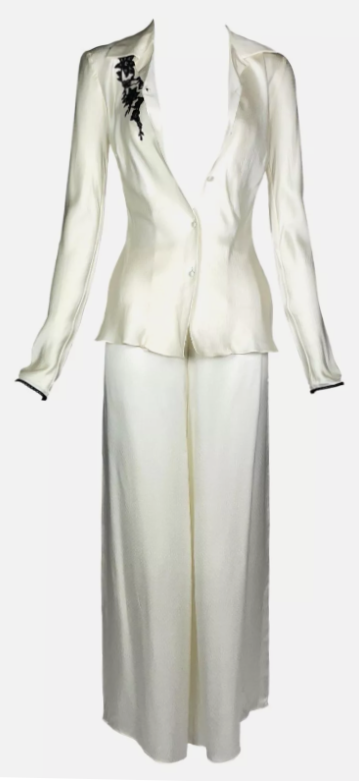 S/S 2001 Christian Dior by John Galliano Ivory Silk Black Lace Blouse Top & Wide Leg High Waist Pants Set