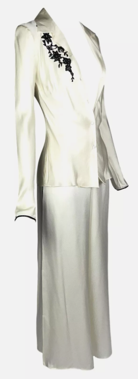 S/S 2001 Christian Dior by John Galliano Ivory Silk Black Lace Blouse Top & Wide Leg High Waist Pants Set