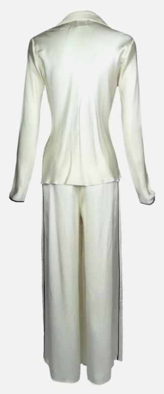 S/S 2001 Christian Dior by John Galliano Ivory Silk Black Lace Blouse Top & Wide Leg High Waist Pants Set