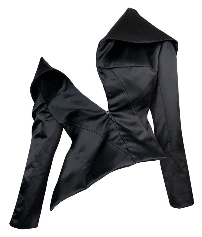 S/S 2001 Christian Dior by John Galliano Haute Couture Avant Garde Black Satin Off Shoulder Asymmetrical Jacket