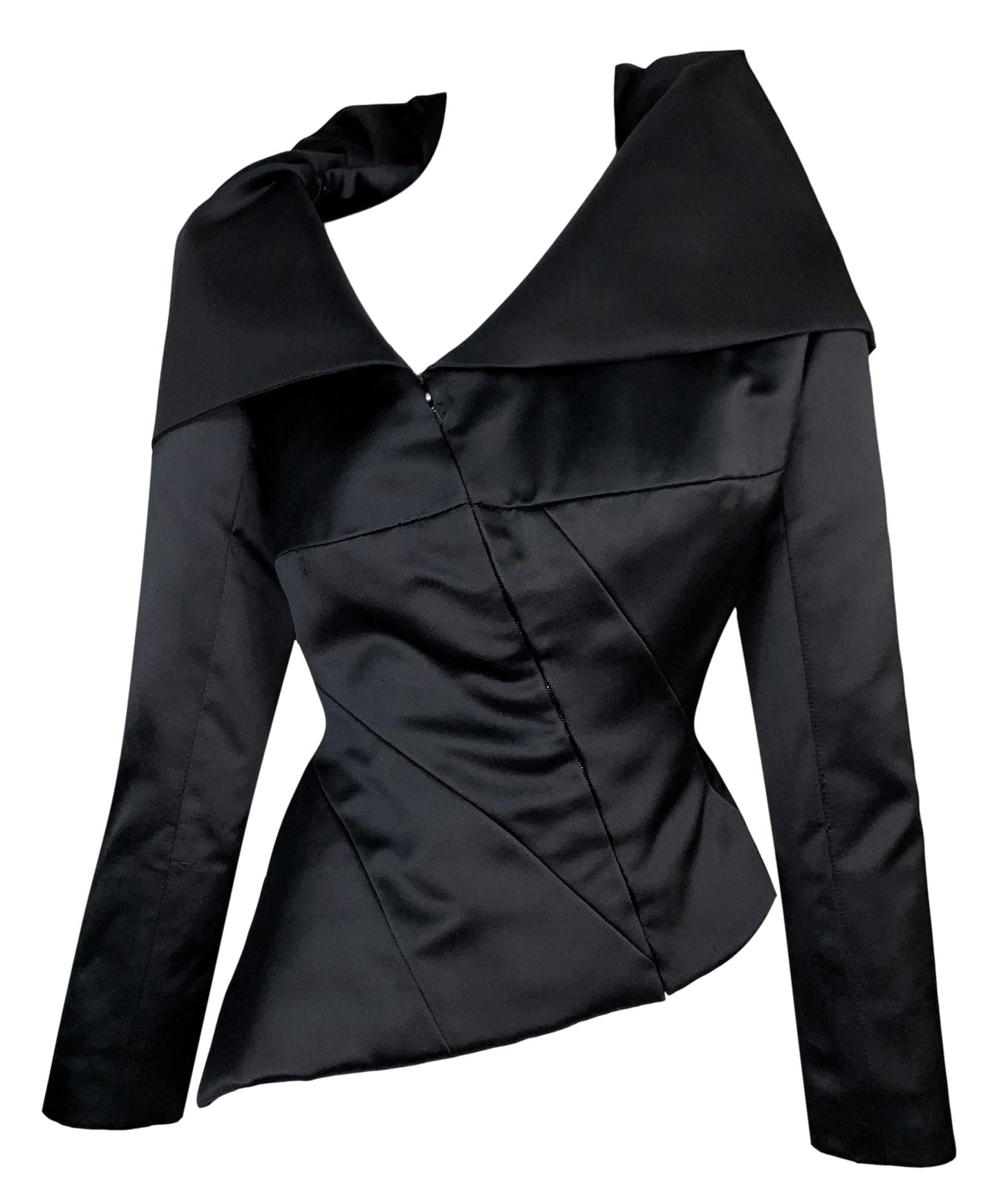 S/S 2001 Christian Dior by John Galliano Haute Couture Avant Garde Black Satin Off Shoulder Asymmetrical Jacket