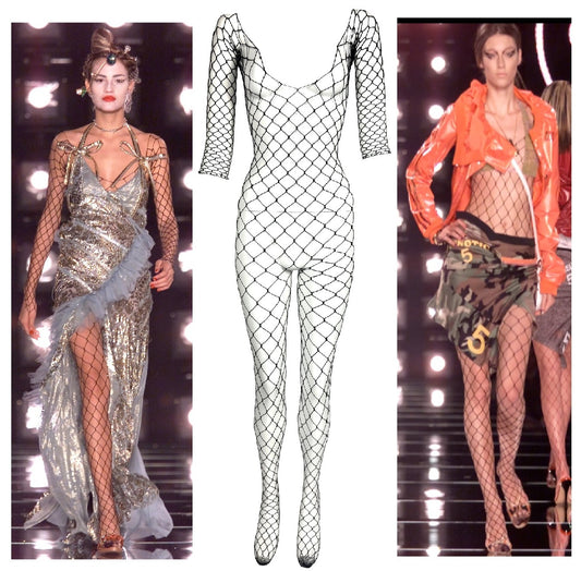 S/S 2001 Christian Dior x John Galliano Runway Black Sheer Fishnet Dominatrix Mesh Full Body Jumpsuit