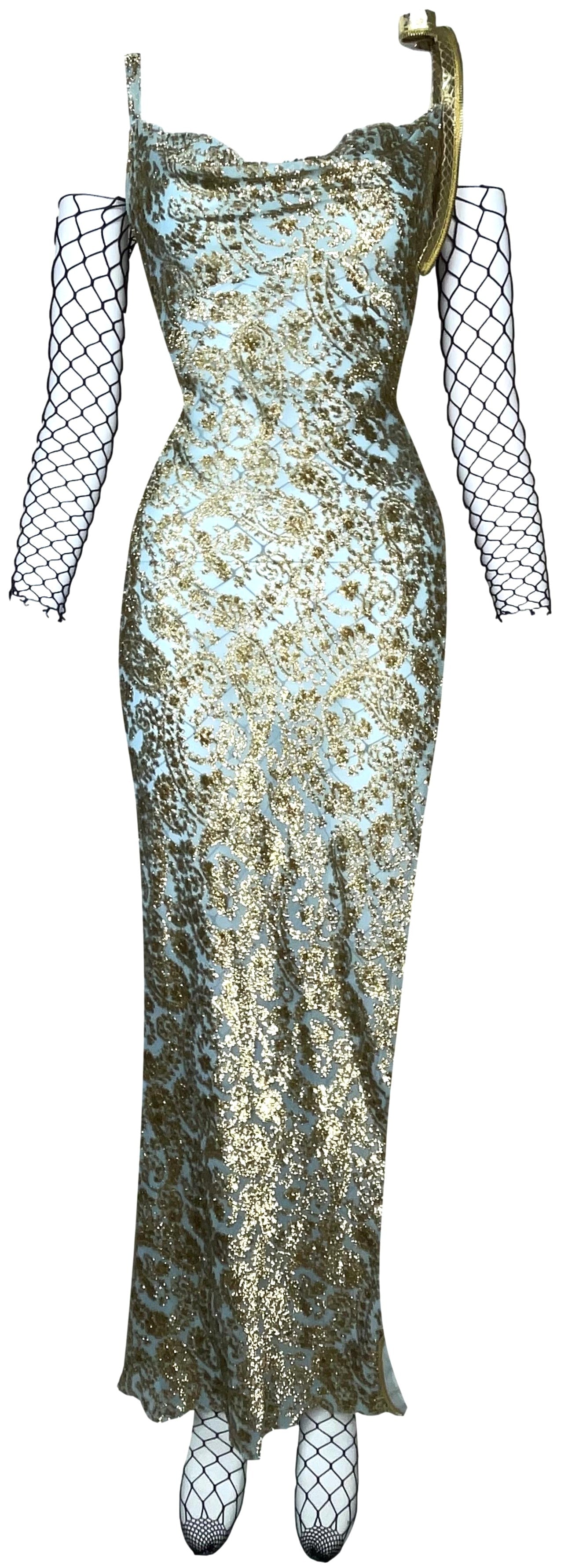 S/S 2001 Christian Dior by John Galliano Runway Blue & Gold Dress Snakeskin Zipper Dress & RARE Black Fishnet Jumpsuit