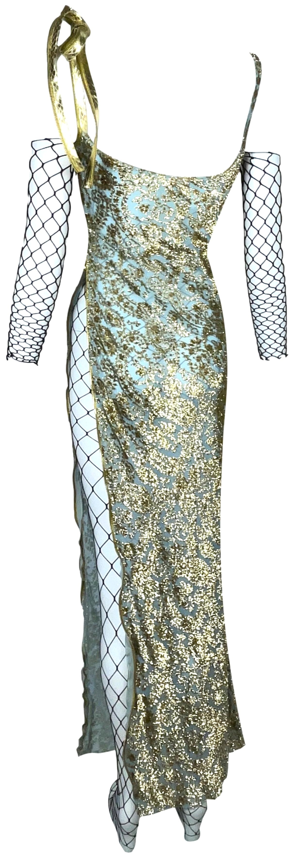 S/S 2001 Christian Dior by John Galliano Runway Blue & Gold Dress Snakeskin Zipper Dress & RARE Black Fishnet Jumpsuit