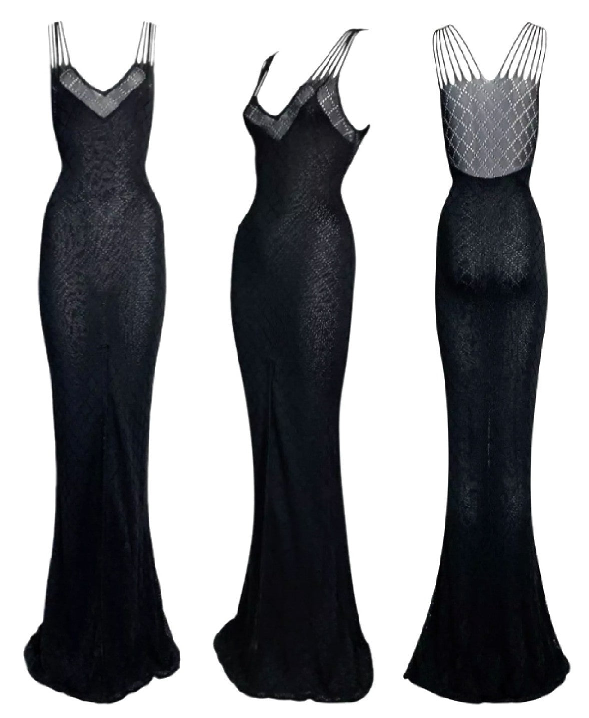 S/S 2001 Christian Dior by John Galliano Sheer Black Plunging Knit Mermaid Maxi Dress