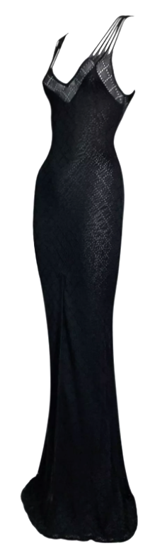 S/S 2001 Christian Dior by John Galliano Sheer Black Plunging Knit Mermaid Maxi Dress