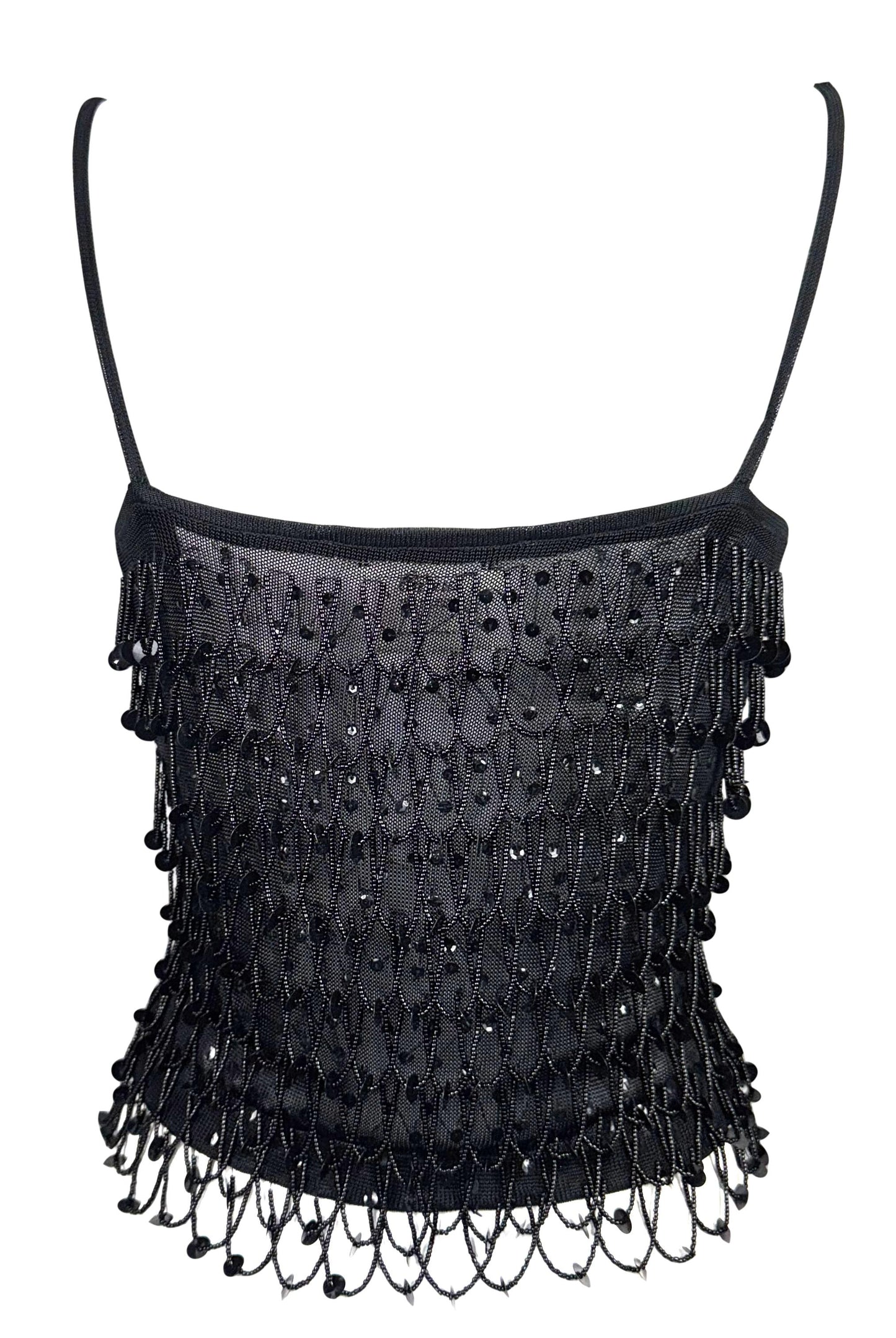 S/S 2001 Christian Dior by John Galliano Sheer Black Knit Beaded Fringe Tank Top