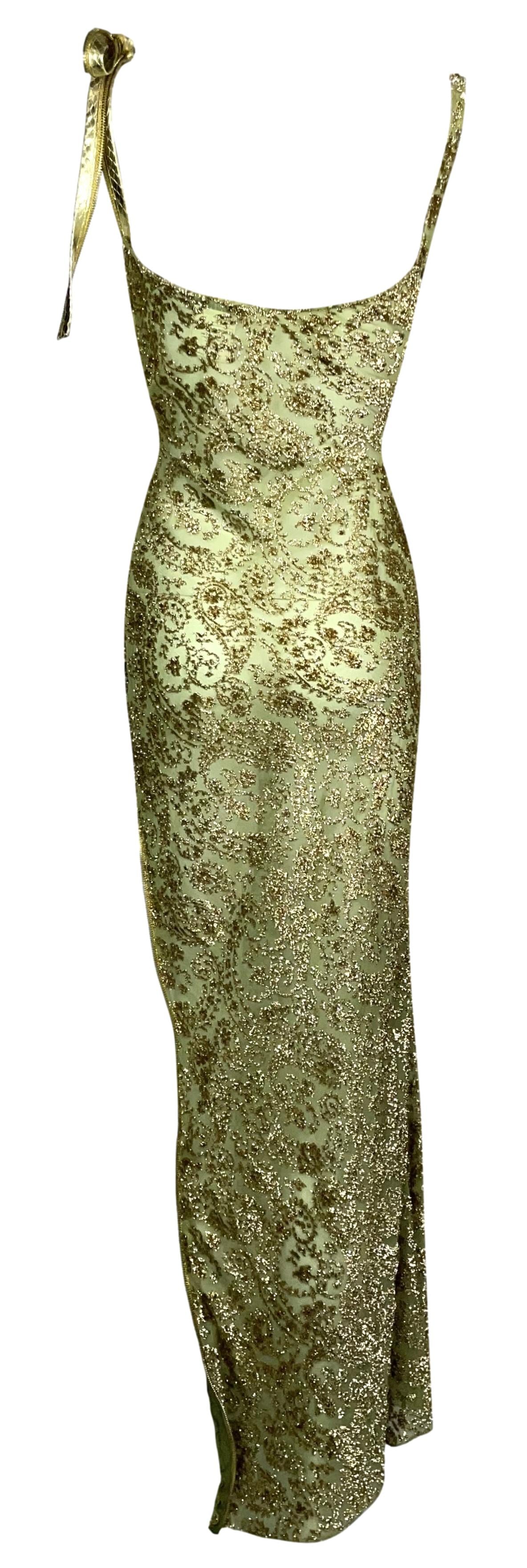 S/S 2001 Christian Dior by John Galliano Green & Gold Sheer Silk High Zipper Slit Gold Snakeskin Maxi Dress