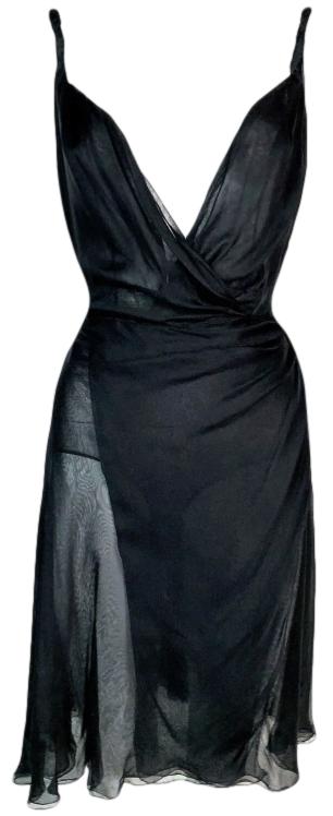 S/S 2001 Gianni Versace 1970's Style Plunging Sheer Black Silk Wrap Bodysuit Mini Dress