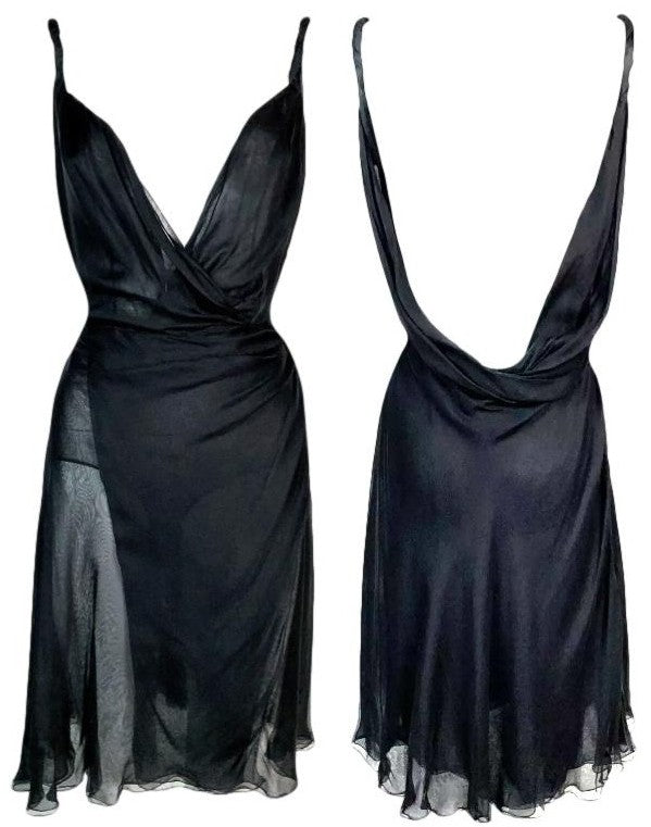 S/S 2001 Gianni Versace 1970's Style Plunging Sheer Black Silk Wrap Bodysuit Mini Dress