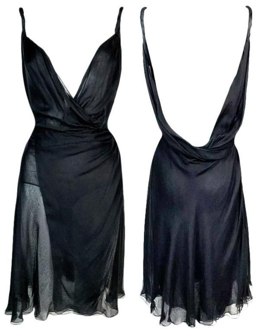 S/S 2001 Gianni Versace 1970's Style Plunging Sheer Black Silk Wrap Bodysuit Mini Dress