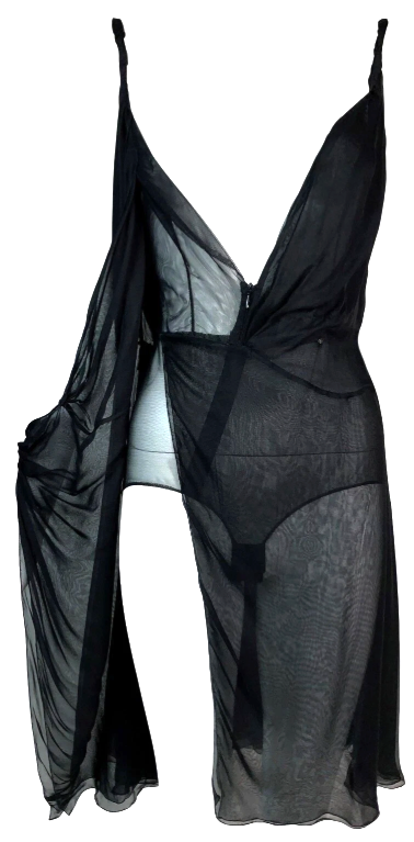 S/S 2001 Gianni Versace 1970's Style Plunging Sheer Black Silk Wrap Bodysuit Mini Dress
