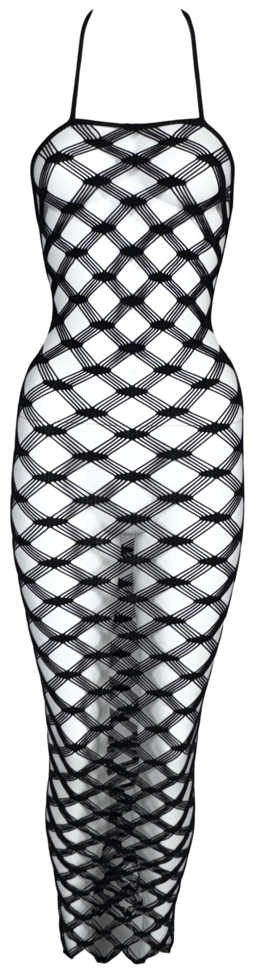 S/S 2001 Jean Paul Gaultier Sexy Sheer Black Fishnet Halter Wiggle Maxi Dress