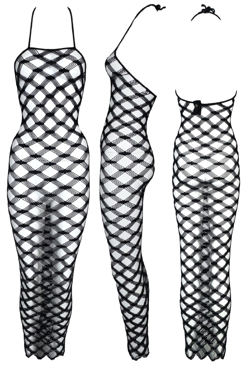 S/S 2001 Jean Paul Gaultier Sexy Sheer Black Fishnet Halter Wiggle Maxi Dress