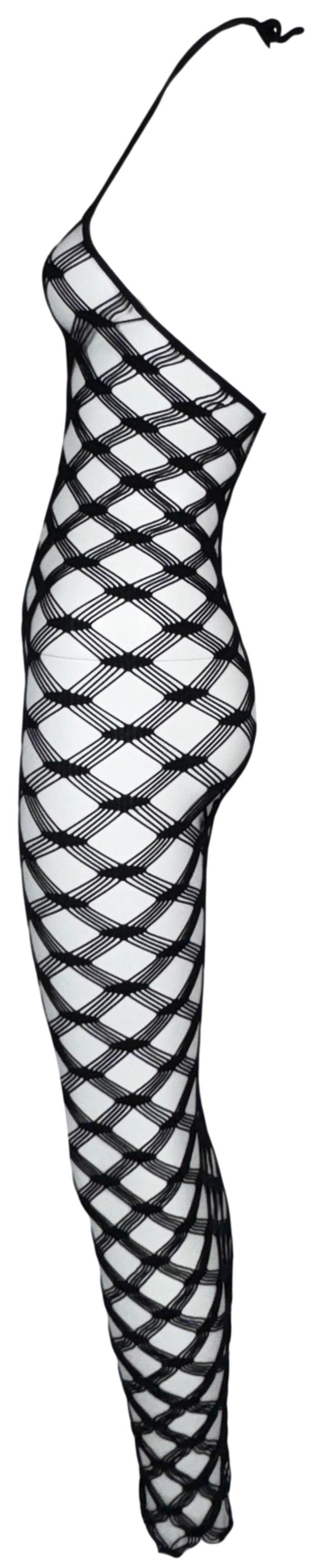 S/S 2001 Jean Paul Gaultier Sexy Sheer Black Fishnet Halter Wiggle Maxi Dress