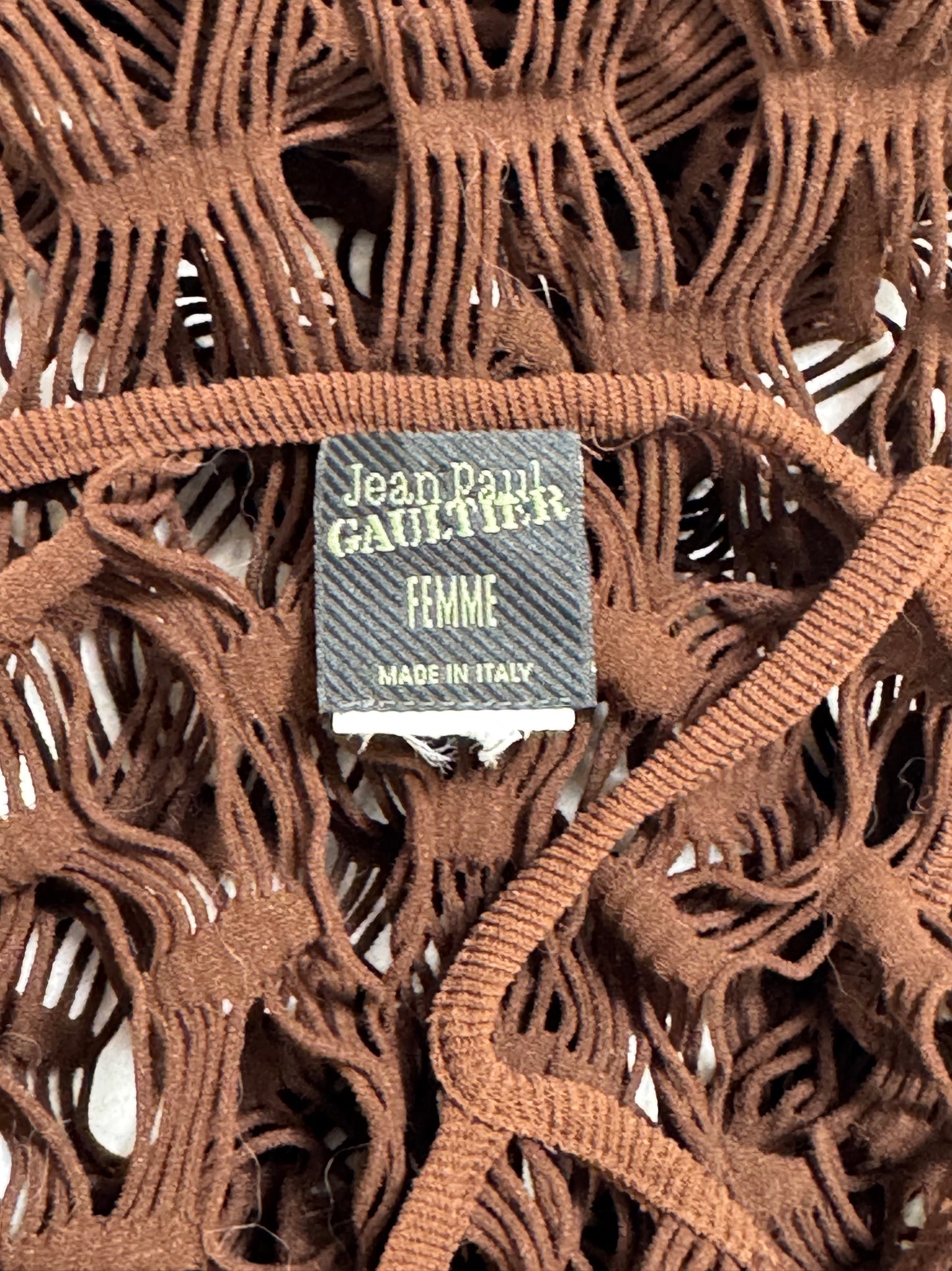 S/S 2001 Jean Paul Gaultier Sheer Brown Fishnet Halter Maxi Wiggle Dress