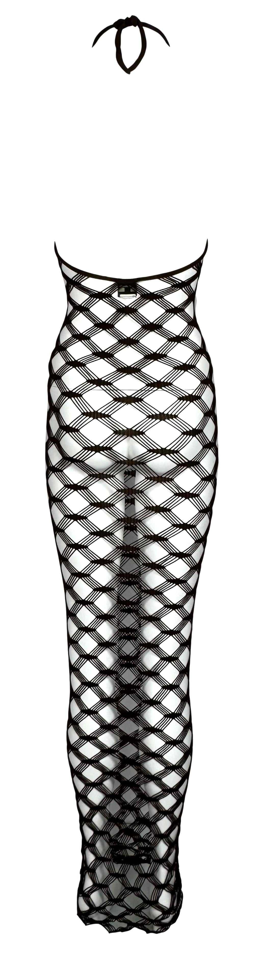 S/S 2001 Jean Paul Gaultier Sheer Brown Fishnet Halter Maxi Wiggle Dress