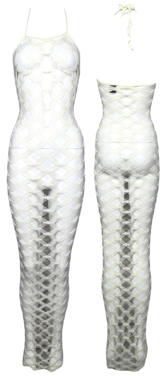 S/S 2001 Jean Paul Gaultier Sheer Ivory Bodycon Fishnet Mesh Halter Wiggle Extra Long Maxi Dress