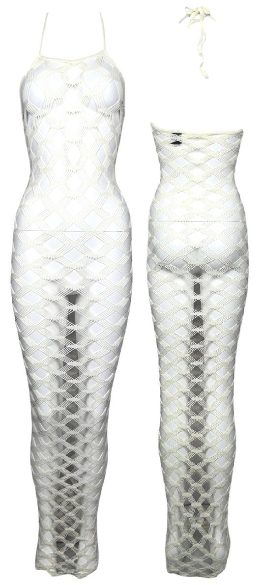 S/S 2001 Jean Paul Gaultier Sheer Ivory Bodycon Fishnet Mesh Halter Wiggle Extra Long Maxi Dress
