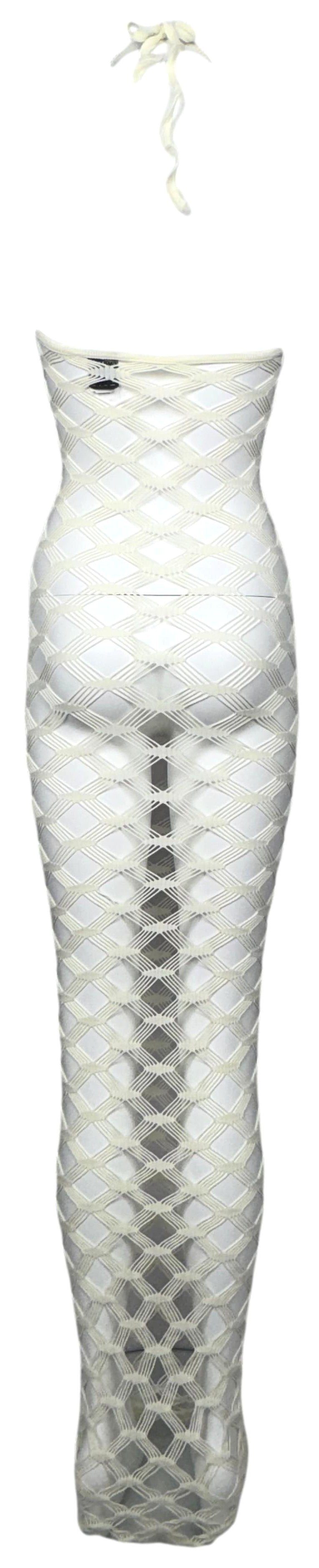 S/S 2001 Jean Paul Gaultier Sheer Ivory Bodycon Fishnet Mesh Halter Wiggle Extra Long Maxi Dress