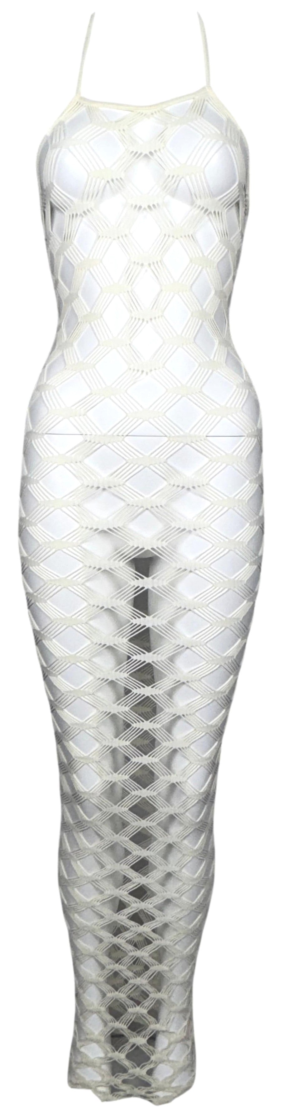 S/S 2001 Jean Paul Gaultier Sheer Ivory Bodycon Fishnet Mesh Halter Wiggle Extra Long Maxi Dress