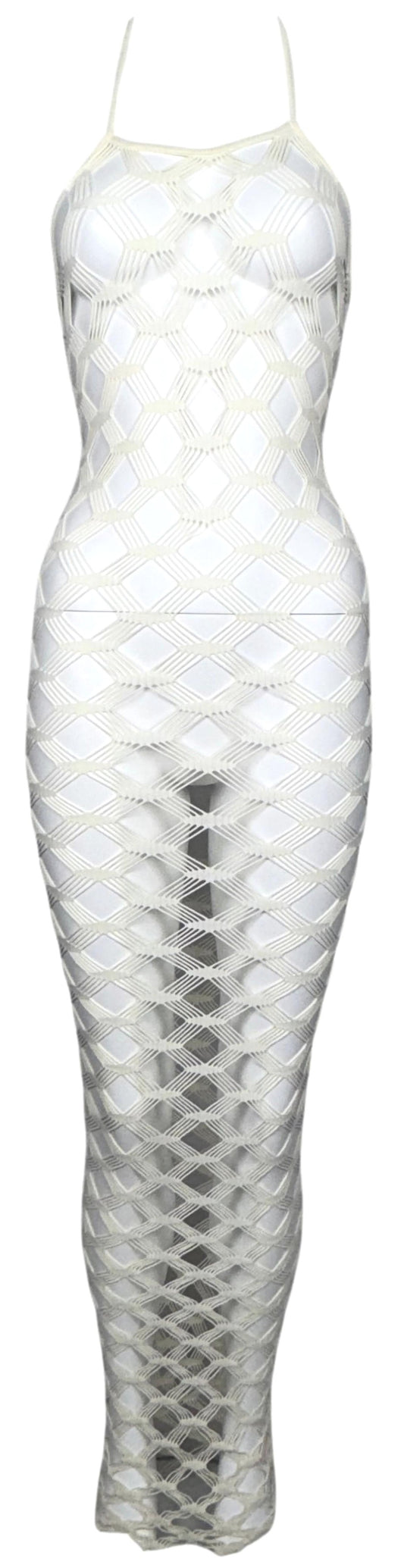 S/S 2001 Jean Paul Gaultier Sheer Ivory Bodycon Fishnet Mesh Halter Wiggle Extra Long Maxi Dress
