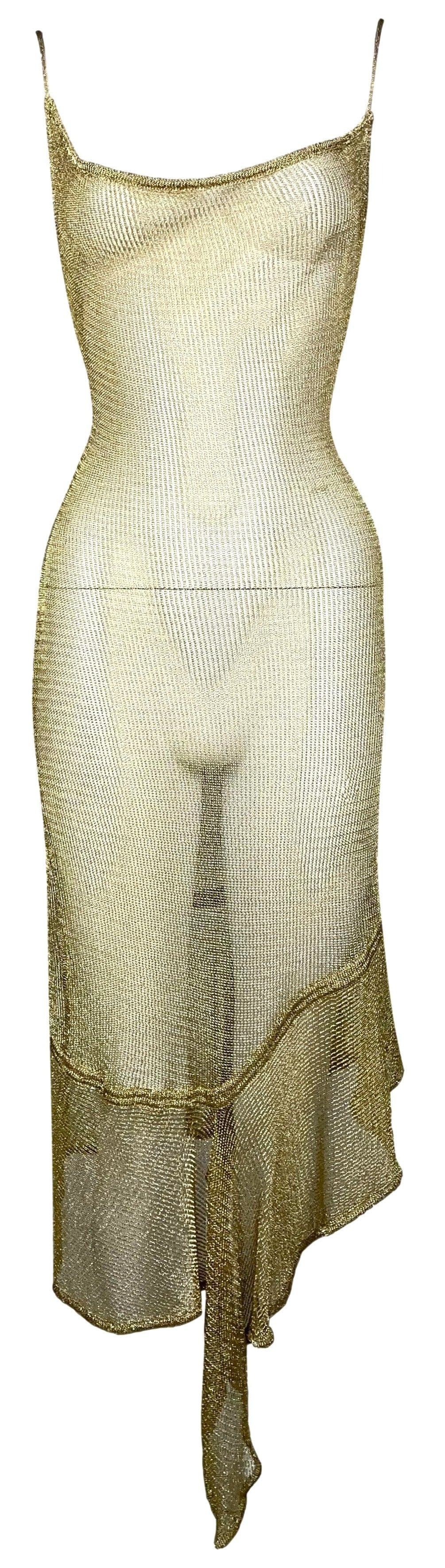 S/S 2001 John Galliano Sheer Gold Knit Faux Chainmail Asymmetrical Bodycon Dress