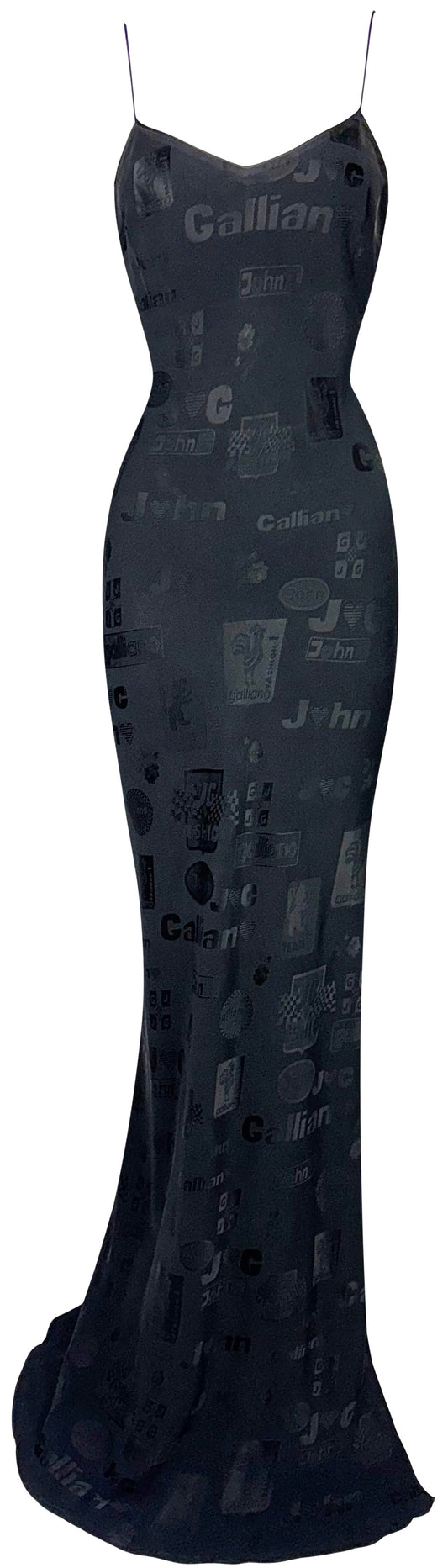 S/S 2001 John Galliano Black Formula One Car Racing Logo Print Extra Long Maxi Dress w High Slit