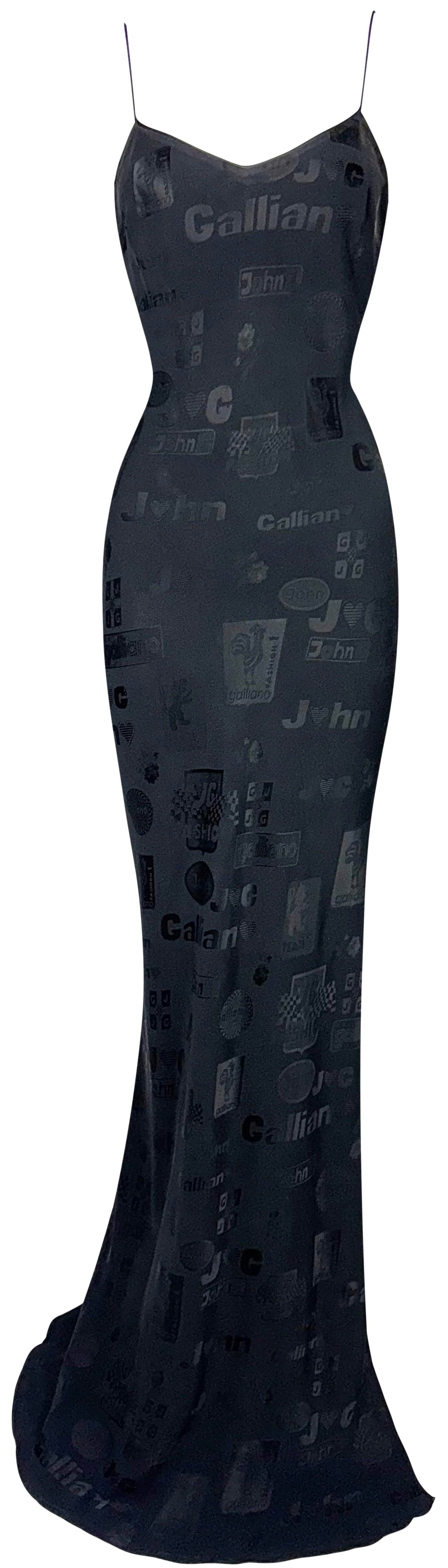 S/S 2001 John Galliano Black Formula One Car Racing Logo Print Extra Long Maxi Dress w High Slit