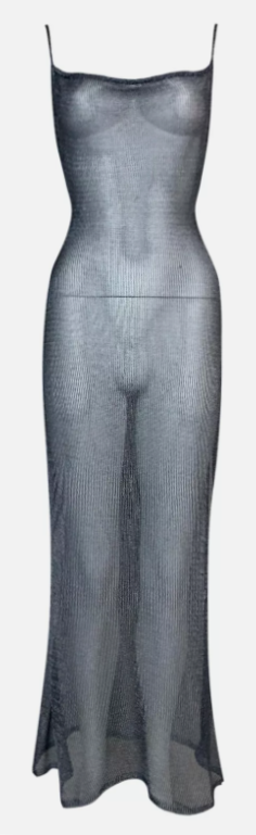 S/S 2001 John Galliano Silver Faux Chainmail Sheer Metallic Knit Maxi Mermaid Dress
