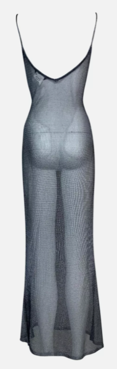 S/S 2001 John Galliano Silver Faux Chainmail Sheer Metallic Knit Maxi Mermaid Dress