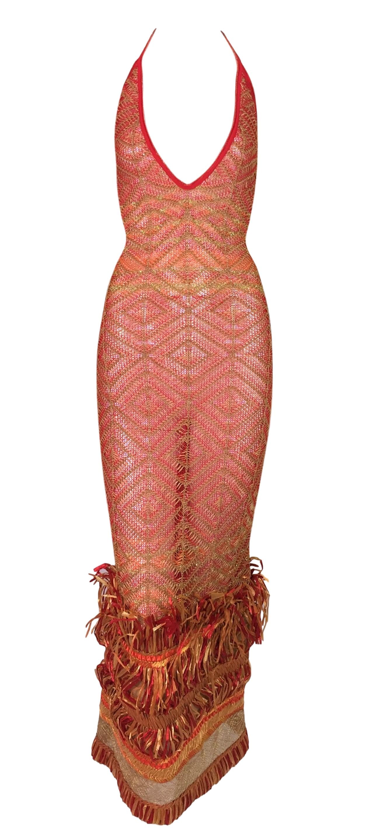 NWT S/S 2001 Gianfranco Ferre Sheer Red Mesh Raffia Plunging Wiggle Maxi Dress