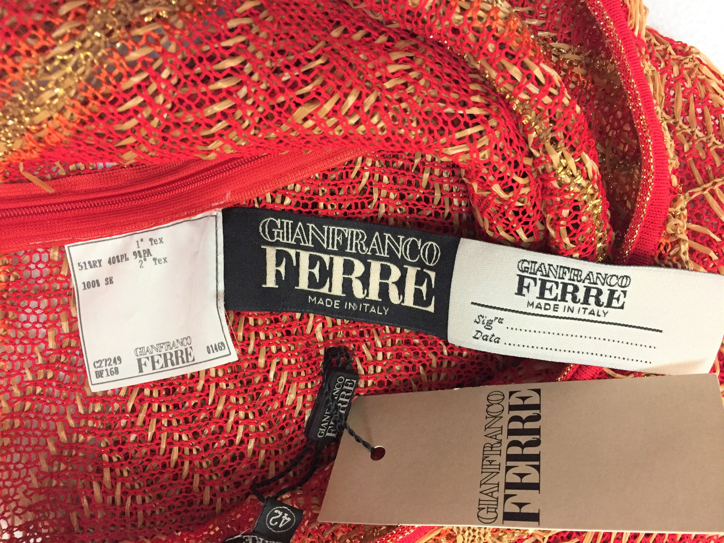 NWT S/S 2001 Gianfranco Ferre Sheer Red Mesh Raffia Plunging Wiggle Maxi Dress