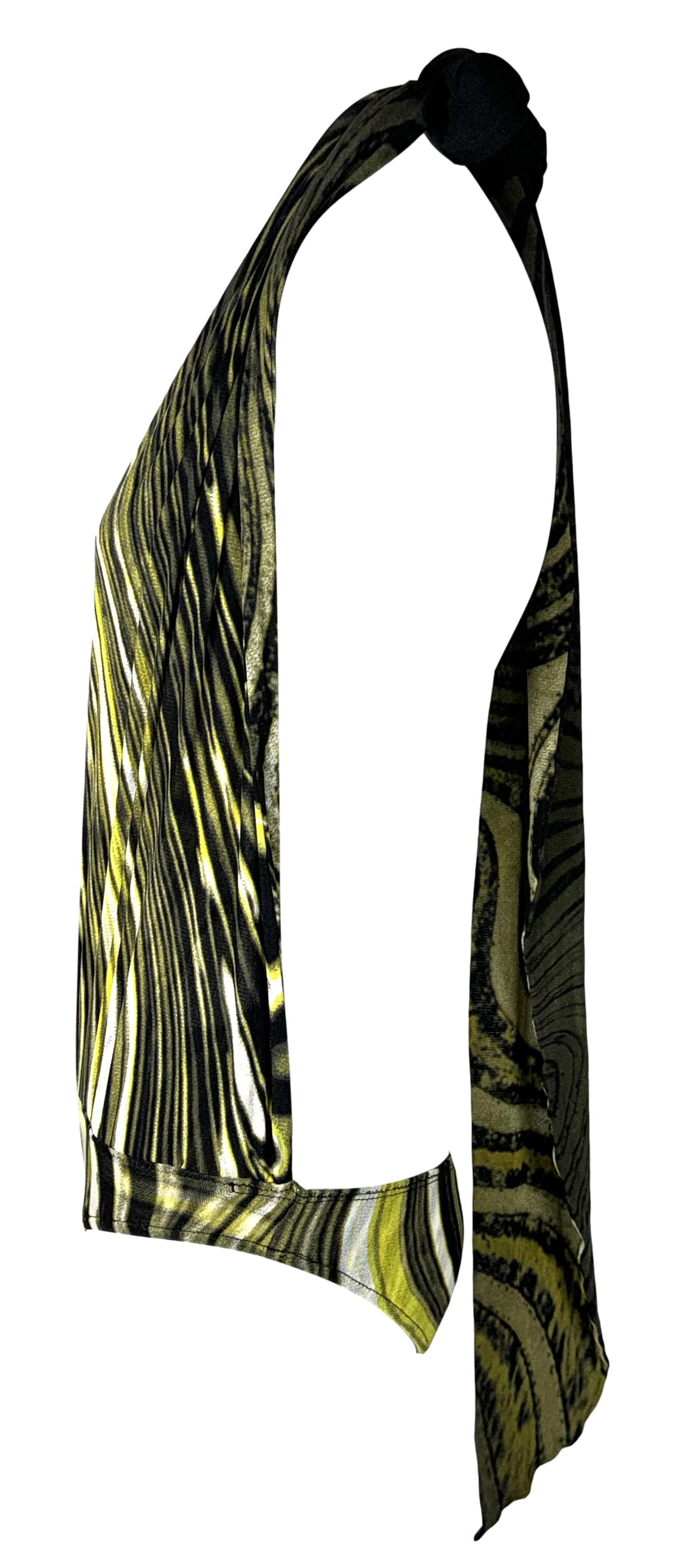 S/S 2001 Roberto Cavalli Black & Yellow Plunging Mesh Halter Bodysuit Top
