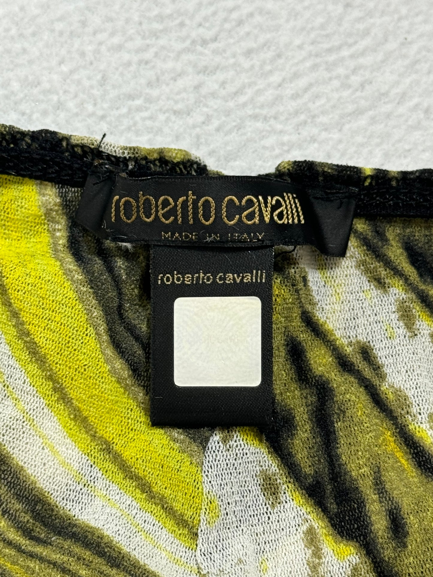 S/S 2001 Roberto Cavalli Black & Yellow Plunging Mesh Halter Bodysuit Top