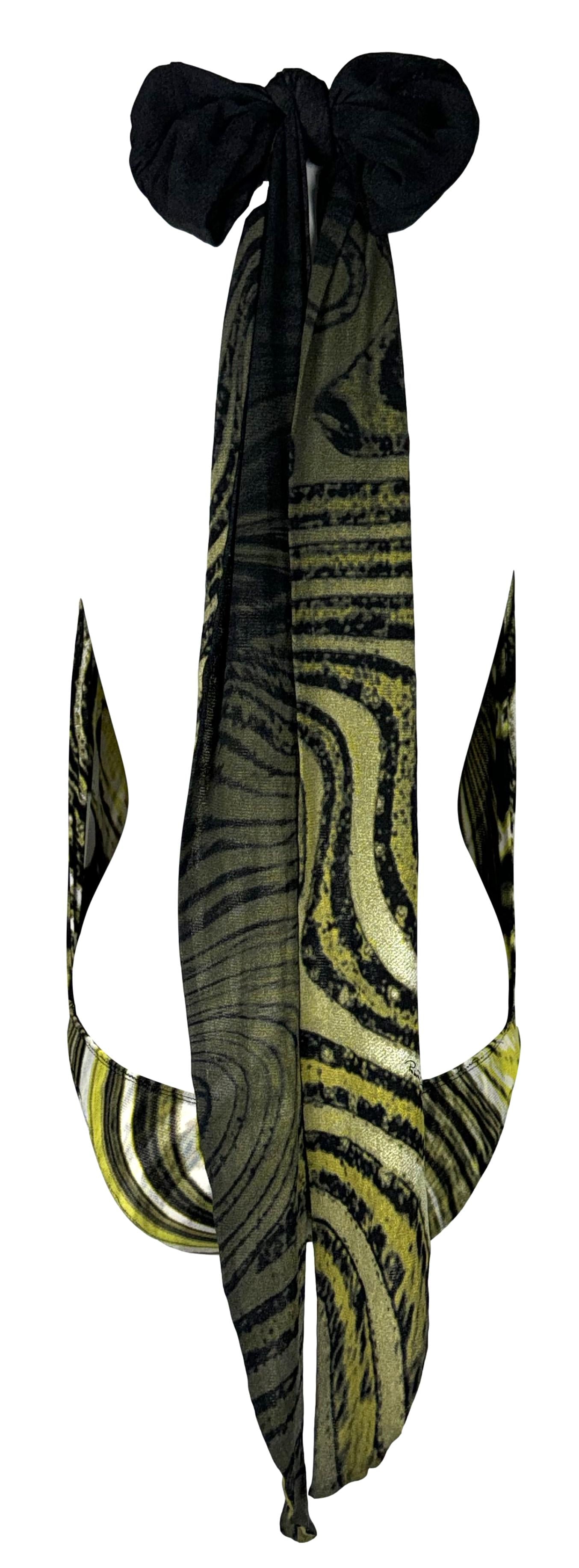 S/S 2001 Roberto Cavalli Black & Yellow Plunging Mesh Halter Bodysuit Top