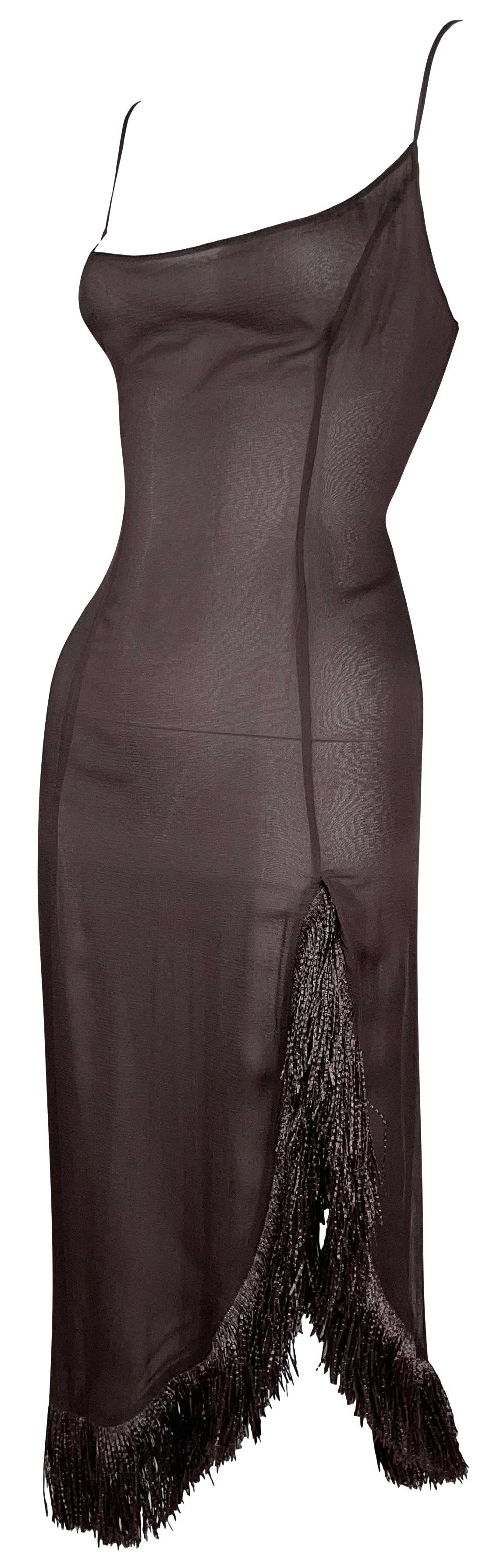 S/S 2001 Thierry Mugler Couture Runway Sheer Brown Silk High Slit Straw Dress